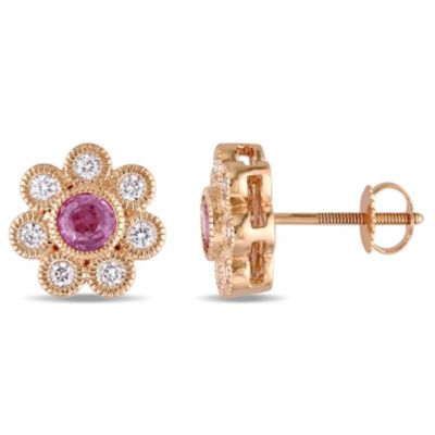 Belk & Co Pink Sapphire And 3/8 Ct. T.w. Diamond Flower Stud Earrings In 14K Rose Gold