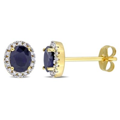 Belk & Co Blue Sapphire And 1/8 Ct. T.w. Diamond Halo Stud Earrings In 14K Yellow Gold