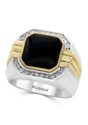 Effy Sterling Silver 14K Yellow Gold Diamond Onyx Mens Ring