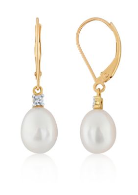 Belk & Co. Freshwater Pearl & Diamond Drop Earrings in 10K Yellow Gold ...