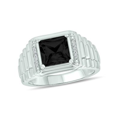 Belk & Co Diamond Accent And 3.0 Ct. T.w. Natural Princess Cut Black Onyx Men's Ring In Sterling Silver