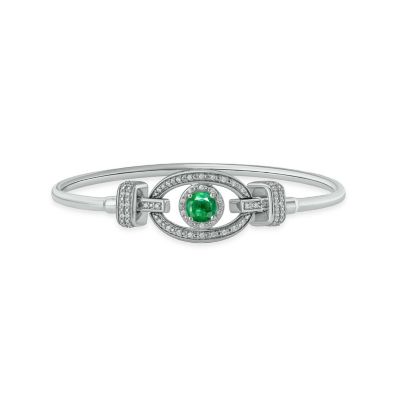 Belk & Co Lab Created 1/5 Ct. T.w. Diamond & Round Shape Emerald Claddagh Bangle In Sterling Silver