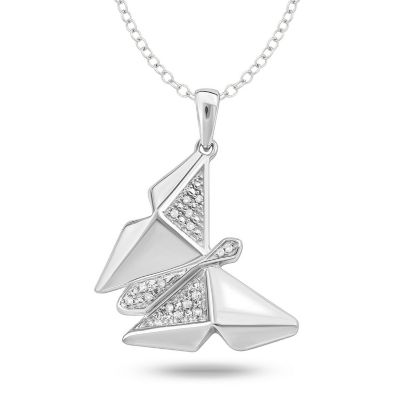 Belk & Co Diamond Accent Round Shape White Origami Butterfly Pendant Necklace In Sterling Silver