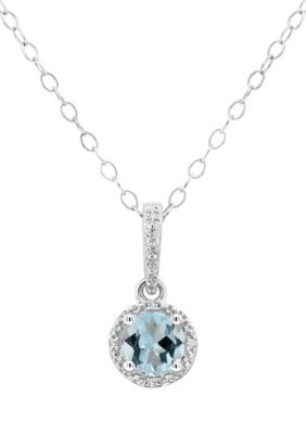 Belk & Co Sterling Silver 5Mm Round Aquamarine Diamond Accent Halo Pendant Necklace
