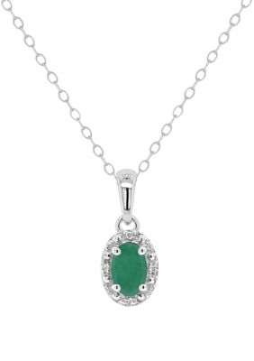 Belk & Co Sterling Silver 6X4Mm Oval Emerald Diamond Accent Halo Pendant Necklace