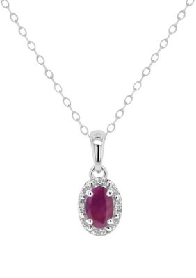 Belk & Co Sterling Silver 6X4Mm Oval Ruby Diamond Accent Halo Pendant Necklace