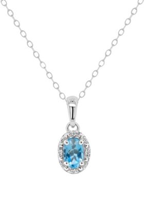 Belk & Co Sterling Silver 6X4Mm Oval Blue Topaz Diamond Accent Halo Pendant Necklace
