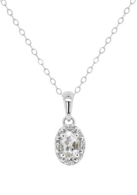 Belk & Co Sterling Silver 6X4Mm Oval White Topaz Diamond Accent Halo Pendant Necklace