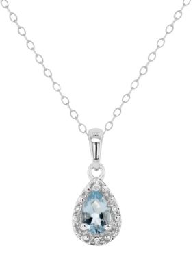 Belk & Co Sterling Silver 6X4Mm Pear Shaped Aquamarine Diamond Accent Halo Pendant Necklace