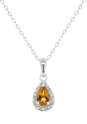 Belk & Co Sterling Silver 6X4Mm Pear Shaped Citrine Diamond Accent Halo Pendant Necklace