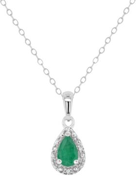 Belk & Co Sterling Silver 6X4Mm Pear Shaped Emerald Diamond Accent Halo Pendant Necklace