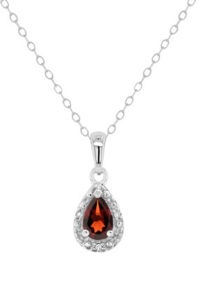 Belk & Co Sterling Silver 6X4Mm Pear Shaped Garnet Diamond Accent Halo Pendant Necklace