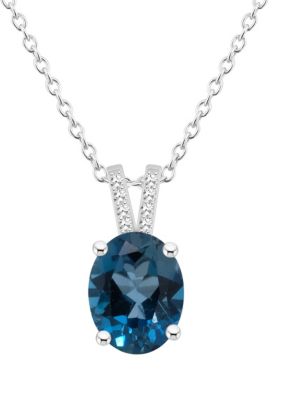 Belk & Co Sterling Silver 10X8Mm Oval London Blue Topaz Diamond Accent Pendant Necklace