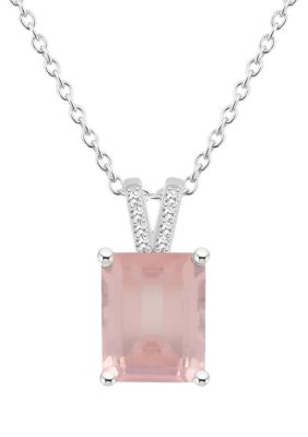 Belk & Co Sterling Silver 10X8Mm Emerald Cut Rose Quartz Diamond Accent Pendant Necklace