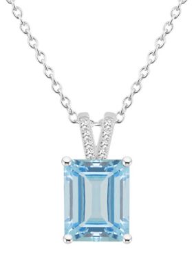 Belk & Co Sterling Silver 10X8Mm Emerald Cut Sky Blue Topaz Diamond Accent Pendant Necklace