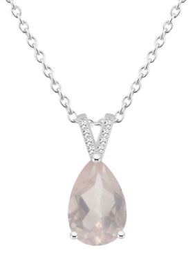 Belk & Co Sterling Silver 12X8Mm Pear Shape Rose Quartz Diamond Accent Pendant Necklace