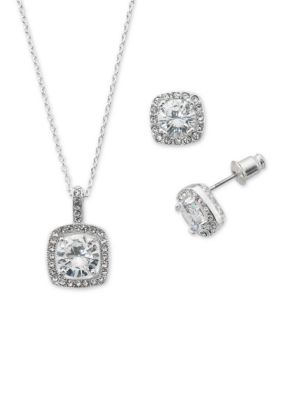 Belk Silverworks Silver-Tone Plated Cubic Zirconia Pave Square Pendant ...