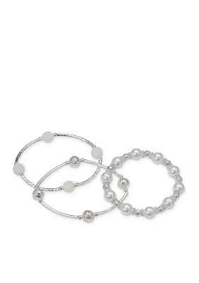 Belk Silver Tone Crystal Pearl 3 Row Stretch Bracelet | belk