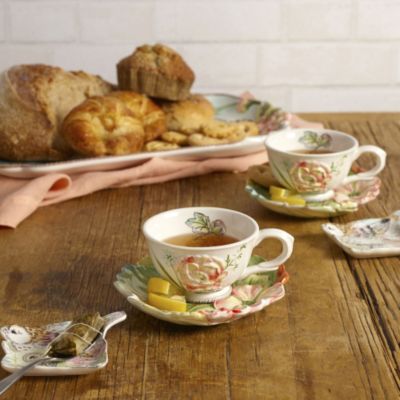 Fitz And Floyd English Garden Tea Cup Saucer And Tea Rest, Set Of 2