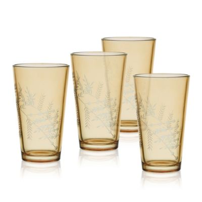 Fitz And Floyd Wildflower Set Of 4 Highball Tumbler Cup, 16 Ounce, Gold