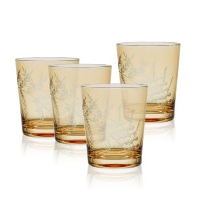 Fitz And Floyd Wildflower Set Of 4 Double Old Fashioned Rocks Whiskey Glass, 12 Ounce, Gold