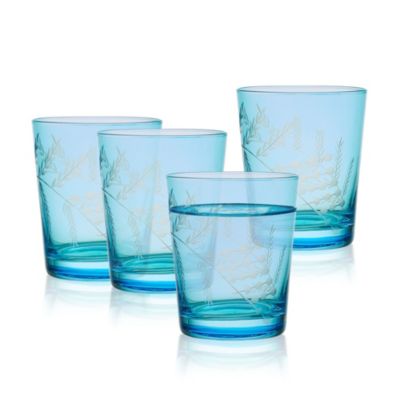 Fitz And Floyd Wildflower Set Of 4 Double Old Fashioned Rocks Whiskey Glass, 12 Ounce, Blue