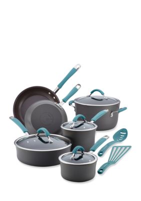Rachael Ray Cucina Hard Anodized Nonstick Cookware Pots and Pans Set, 12  Piece, Gray with Blue Handles