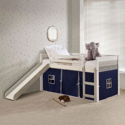 Donco Kids Twin Panel Low Loft Bed With Slide & Blue Tent Kit
