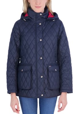 Tommy Hilfiger Women's Quilted Button Up Jacket with Hood, Navy Blue, Large