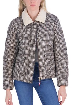 Tommy Hilfiger Women's Brown Check Quilted Puffer Jacket, XL