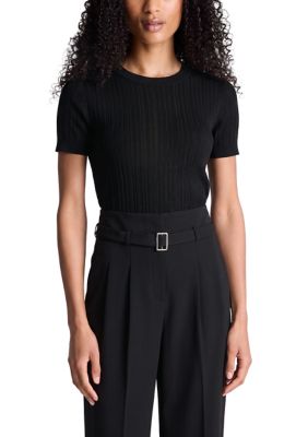 Kenneth Cole Reaction Women's Short Sleeve Variegated Rib Crew Neck Sweater, Black, Small