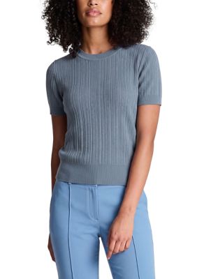 Kenneth Cole Reaction Women's Short Sleeve Variegated Rib Crew Neck Sweater, Blue, XL