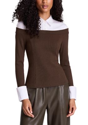 Kenneth Cole Reaction Women's Long Sleeve Rib Knit Off the Shoulder Twofer Top, XL