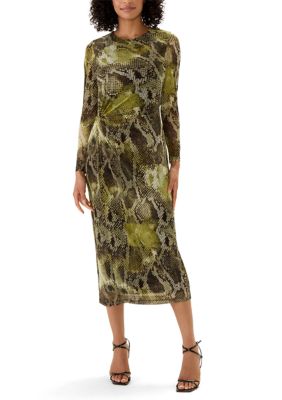 Kenneth Cole Reaction Women's Long Sleeve Side Ruched Mesh Midi Dress, Green, Large