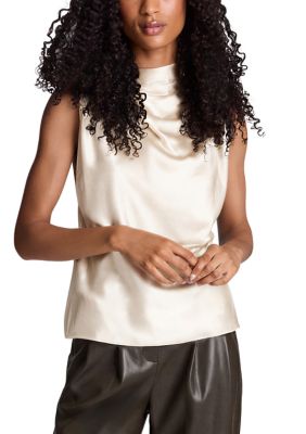 Kenneth Cole Reaction Women's Sleeveless Mock Neck Drape Satin Blouse, XL