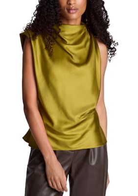 Kenneth Cole Reaction Women's Sleeveless Mock Neck Drape Satin Blouse, XL