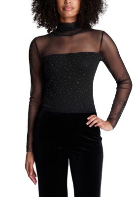 Kenneth Cole Reaction Women's Long Sleeve Sparkle Mesh Mock Neck Top, XL