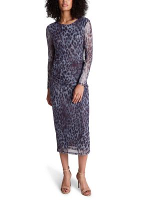 Kenneth Cole Reaction Women's Long Sleeve Side-Ruched Mesh Dress, Blue, XL