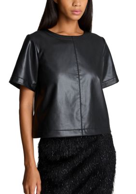 Kenneth Cole Reaction Women's Short Sleeve Faux Leather Crop T-Shirt, Black, XL
