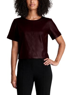 Kenneth Cole Reaction Women's Short Sleeve Faux Leather Crop T-Shirt