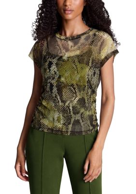 Kenneth Cole Reaction Women's Sleeveless Side-Ruched Mesh Tee, Green, XL