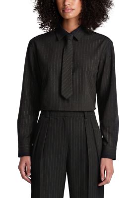 Kenneth Cole Reaction Women's Crop Long Sleeve Button Front Pinstripe Shirt with Tie, XL