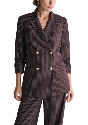 BCBG Women's Ruched Sleeve Pinstripe Double Breasted Blazer, 6