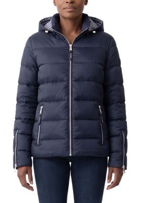 Nicole Miller Women's Moto Puffer Jacket with Hood, Navy Blue, XL