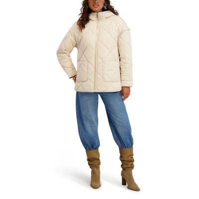 Kensie Women's Hi-low quilted jacket with accent zipper, Sand, Large