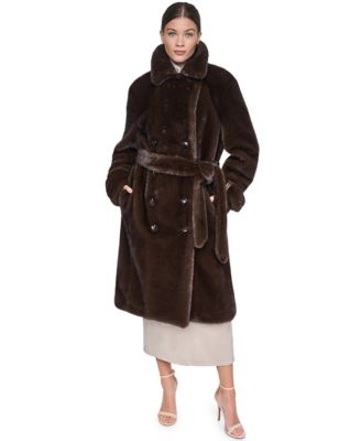 Halston Women's Double Breasted Long Belted Faux Mink Coat with Gold Hardware Tab, Brown, XS
