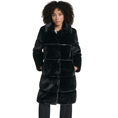 KARL LAGERFELD PARIS Women's Long Channeled Faux-Fur Coat with Sleek PU Trim Detailing, Black, XL