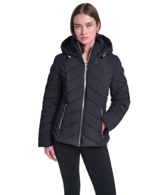 KARL LAGERFELD PARIS Women's Chevron-Quilted Hooded Puffer Jacket for Warm Everyday Layering, Black, XS