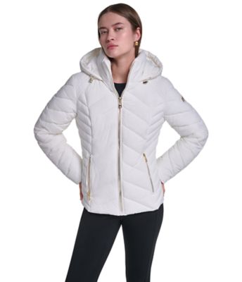 KARL LAGERFELD PARIS Women's Chevron-Quilted Hooded Puffer Jacket for Warm Everyday Layering, Ivory, XS