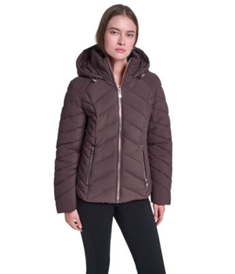 KARL LAGERFELD PARIS Women's Chevron-Quilted Hooded Puffer Jacket for Warm Everyday Layering, XS